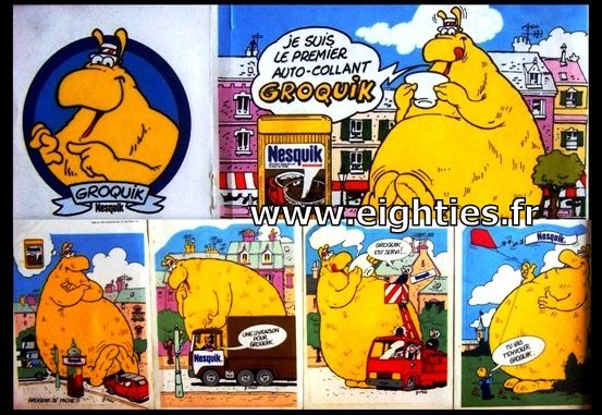 ANNEES, 80, 80's, eighties, Groquik, Groquick, Grosquick, Grosquik, Nesquik, Nesquick, NESTLE, Chocolat, mascotte, EMBLEME, enfance, trentenaires, pubs, PUBLICITE